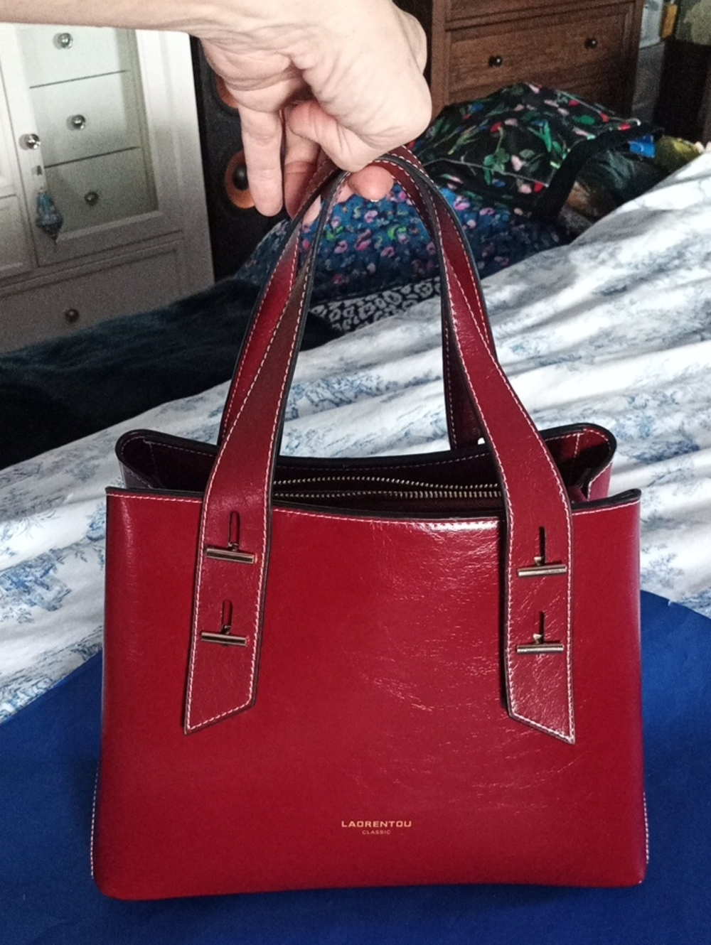 Vintage LAORENTOU classic Red Cow Leather Satchel with Double Top Handles